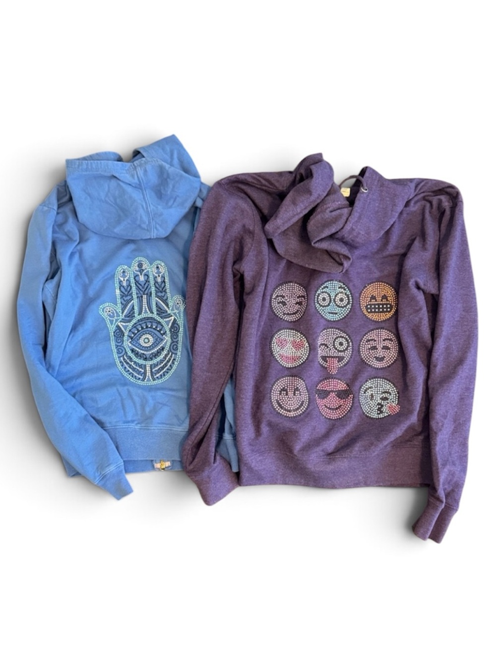 GIRLS HOODIE SWEATSHIRT BUNDLE TWO CUSTOM RHINSTONE EMOJI HAMSA HAND BLUE PURPLE
